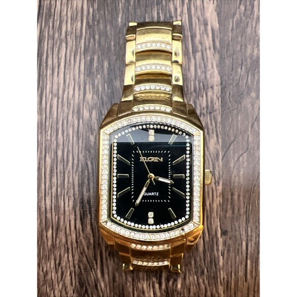 Mens Gold Tone Bling Iced CZ Elgin Rectangle Dress Analog Watch New Battery main image 9